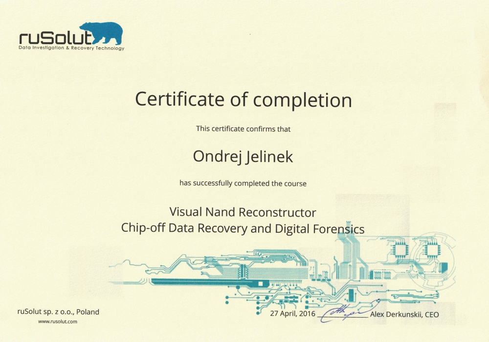 Certifikát pana Jelínka