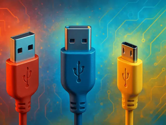 Více generací USB kabelů.
