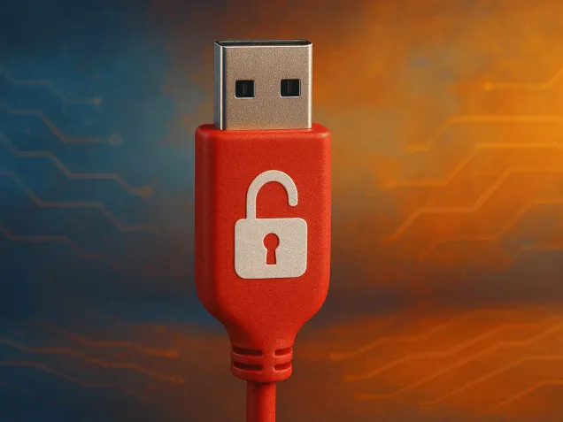 Červený USB konektor s ikonou odemčeného zámku