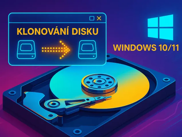 Pevný disk s infografikou o klonování disku
